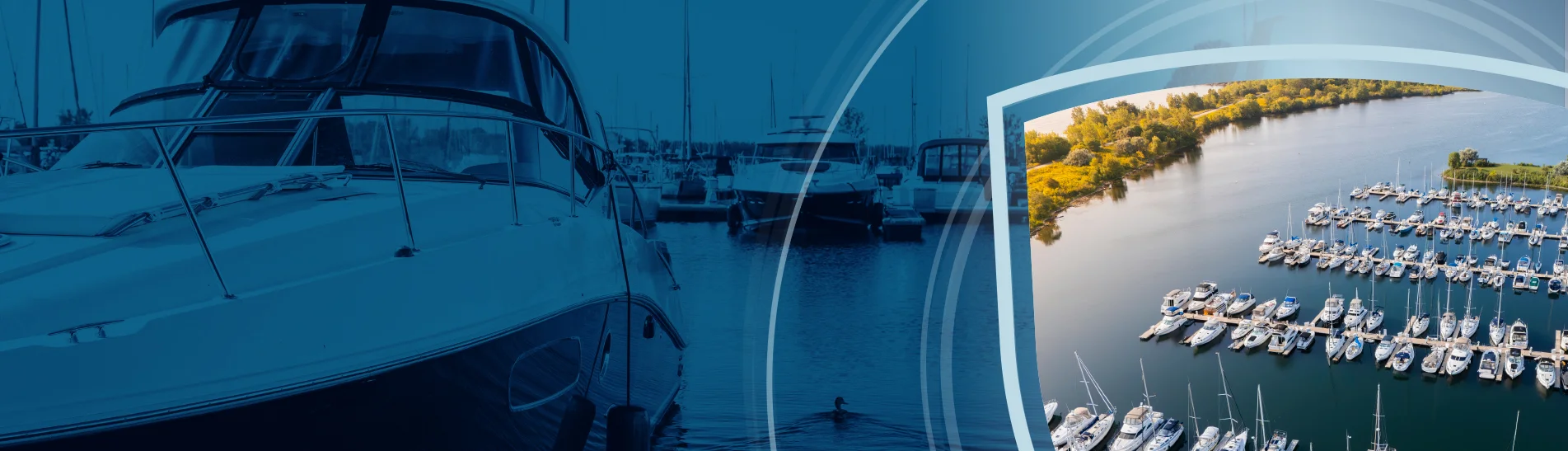 Close up shot of boats at the marina as well as an aerial shot